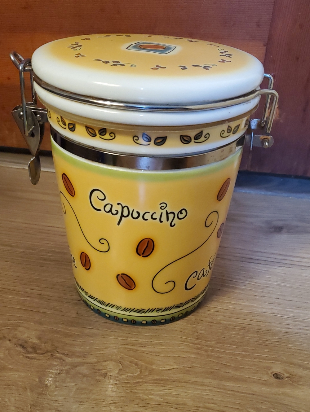 Vintage Yellow Cappuccino Ceramic Coffee Canister with Airtight Clip Lid